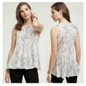 Floreat Anthropologie Anafa Tiered White Striped Sleeveless Tie Front Top Size 4
